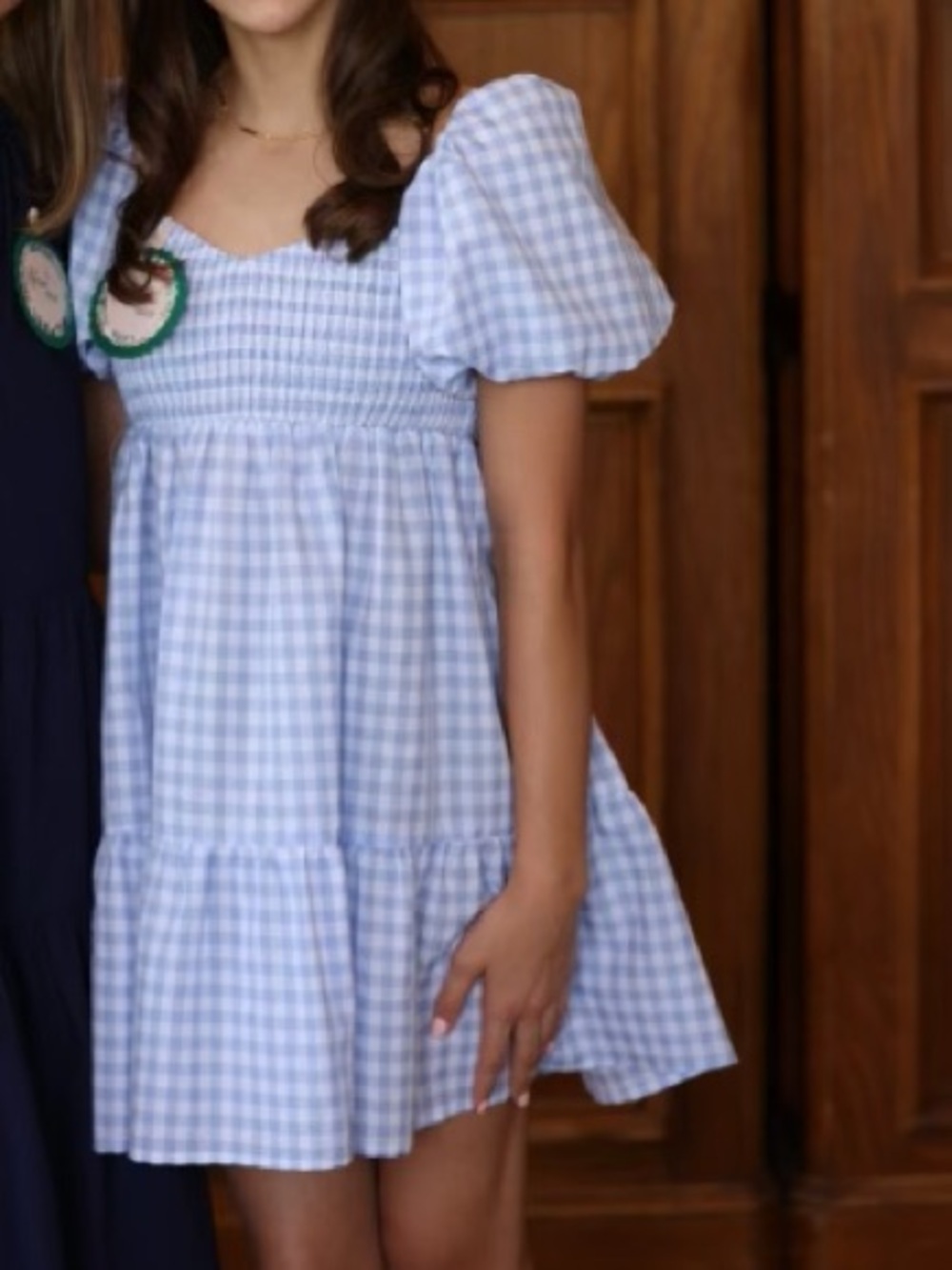 Light Blue Gingham Puff-Sleeve Mini Dress